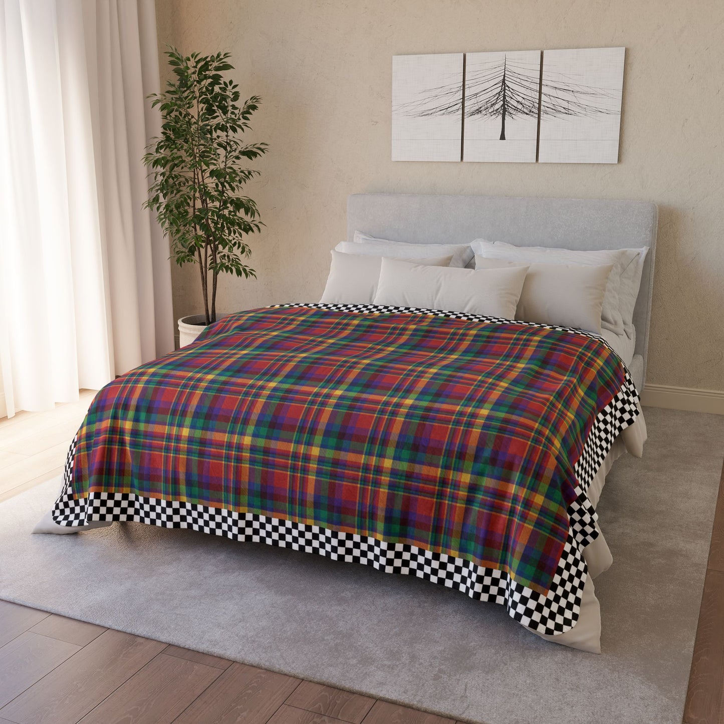 60" × 80" Beige Red, Yellow, Green, Blue & Purple Sandusky OH Plaid with Checkered Edge Fleece Sherpa Blanket