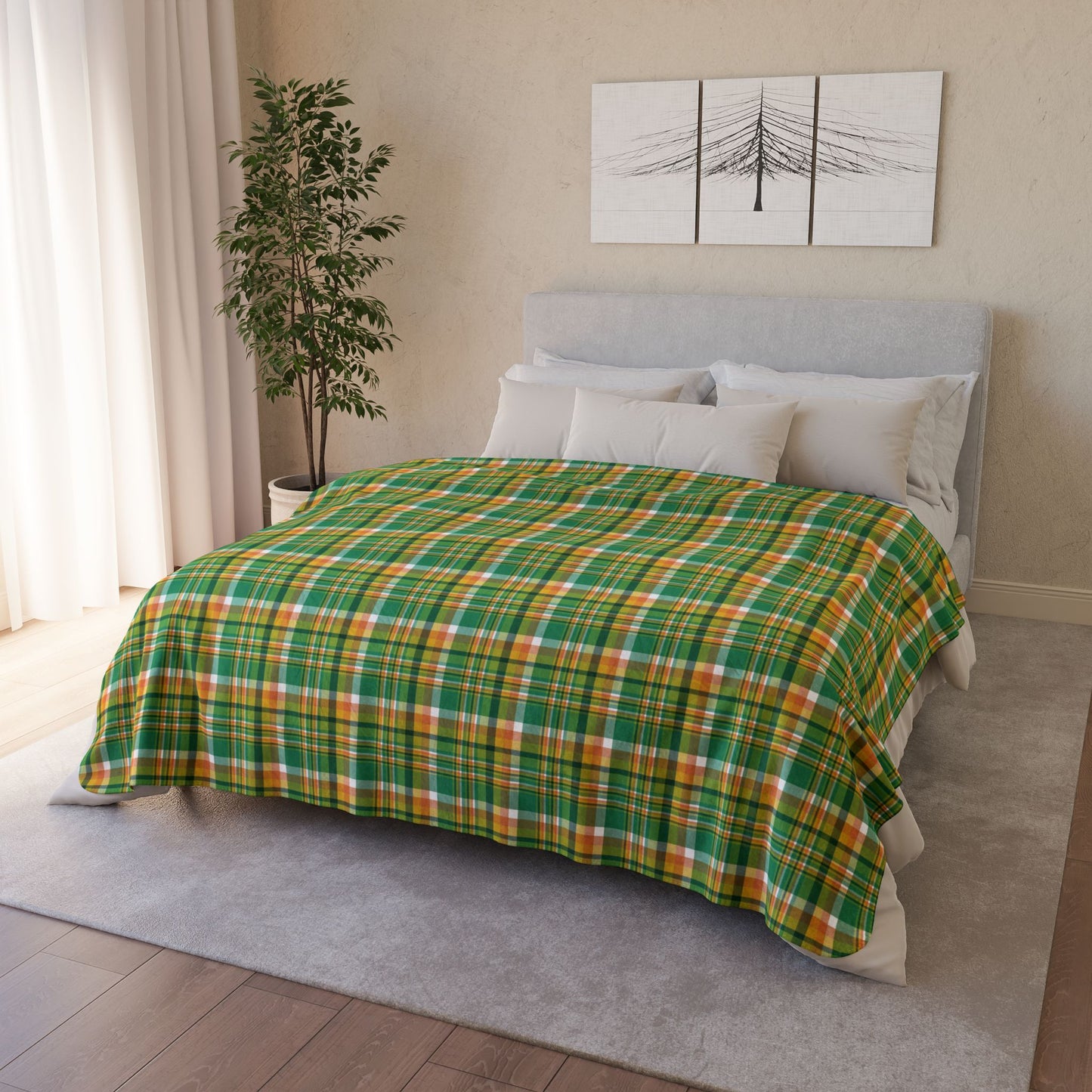 60" × 80" Beige St. Patrick's Day Green & Orange Plaid Fleece Sherpa Blanket