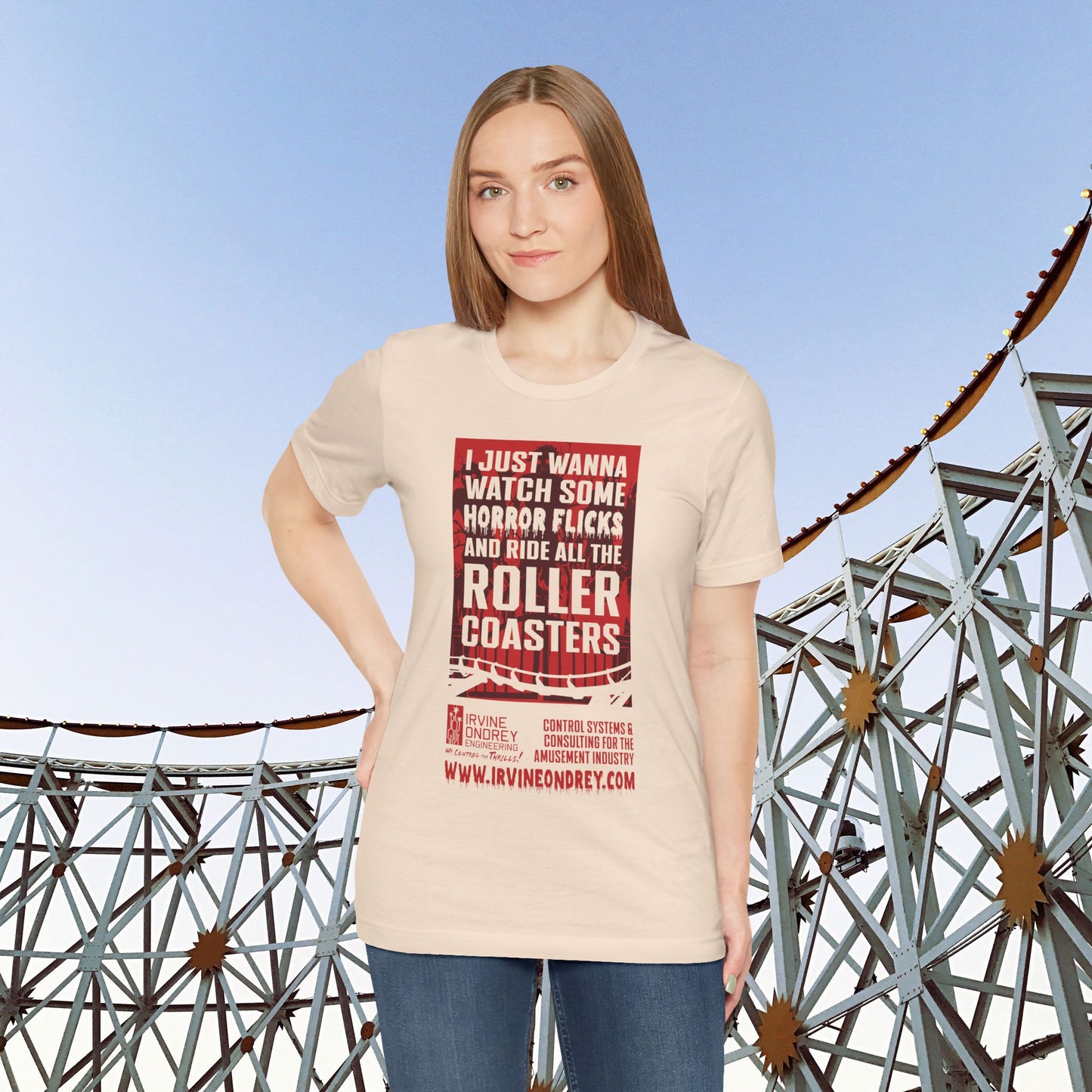 I Just Wanna Watch Horror Flicks & Ride Roller Coasters Tee (FRONT graphic) • Irvine Ondrey Engineering