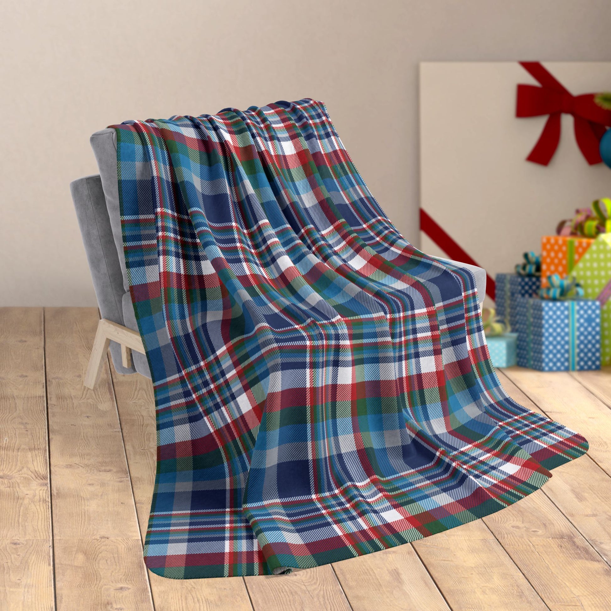 60" × 80" Christmas Blue & White Indianapolis IN Plaid Fleece Sherpa Blanket