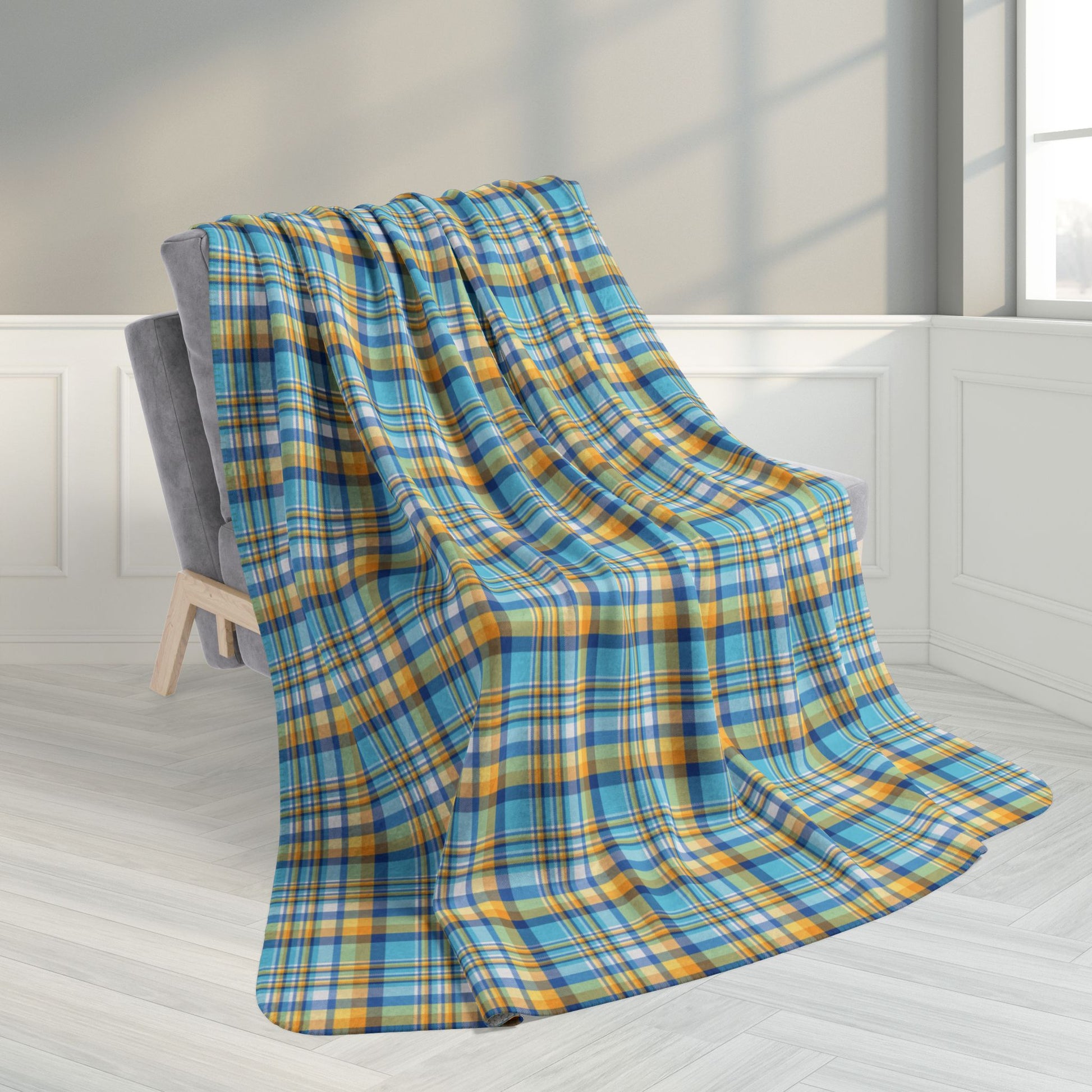 60" × 80" Teal, Blue & Gold Ohio Plaid Fleece Sherpa Blanket