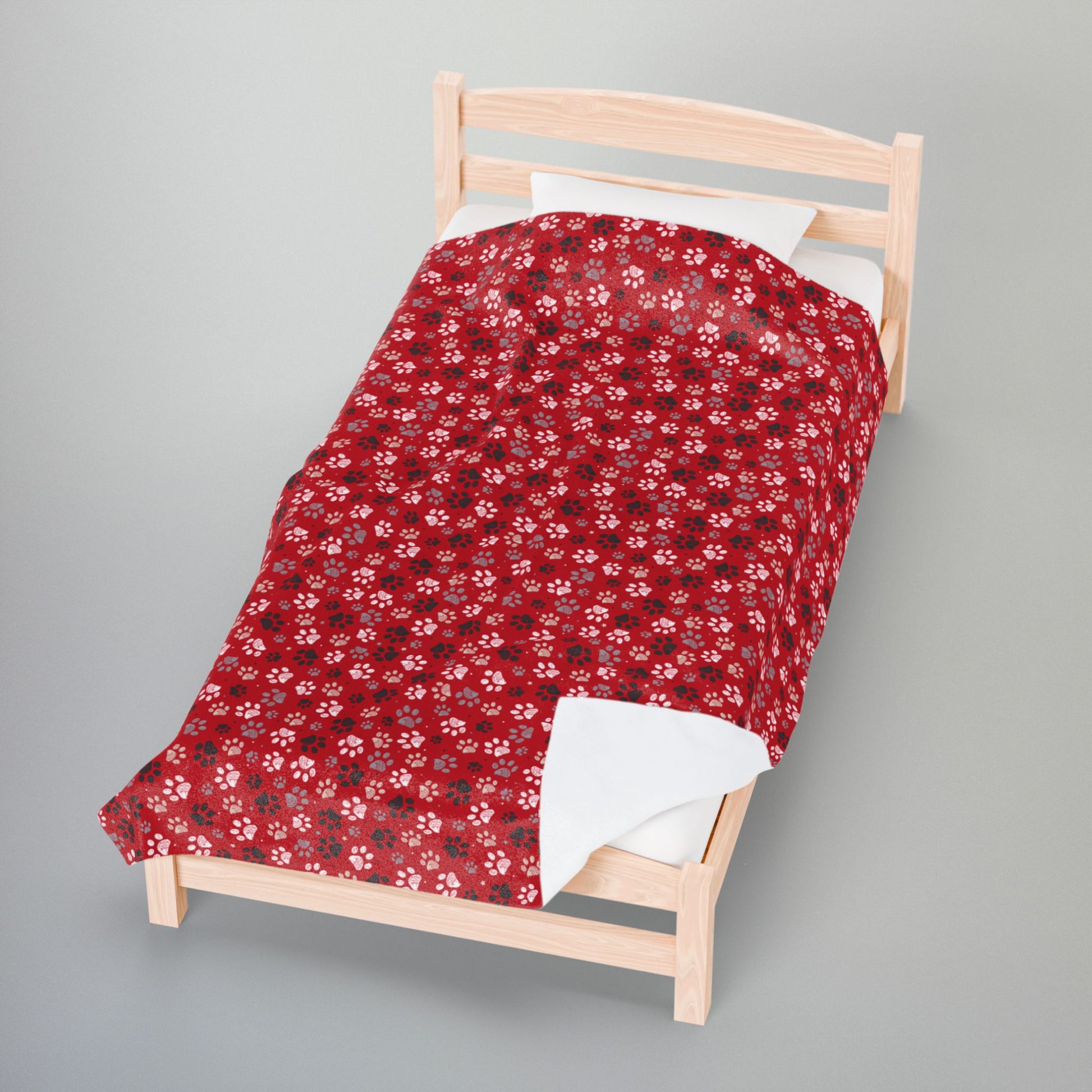 Black & White Paw Prints Red Velveteen Plush Blanket