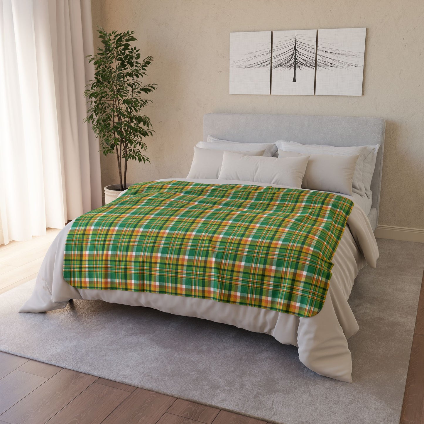 50" × 60" Beige St. Patrick's Day Green & Orange Plaid Fleece Sherpa Blanket