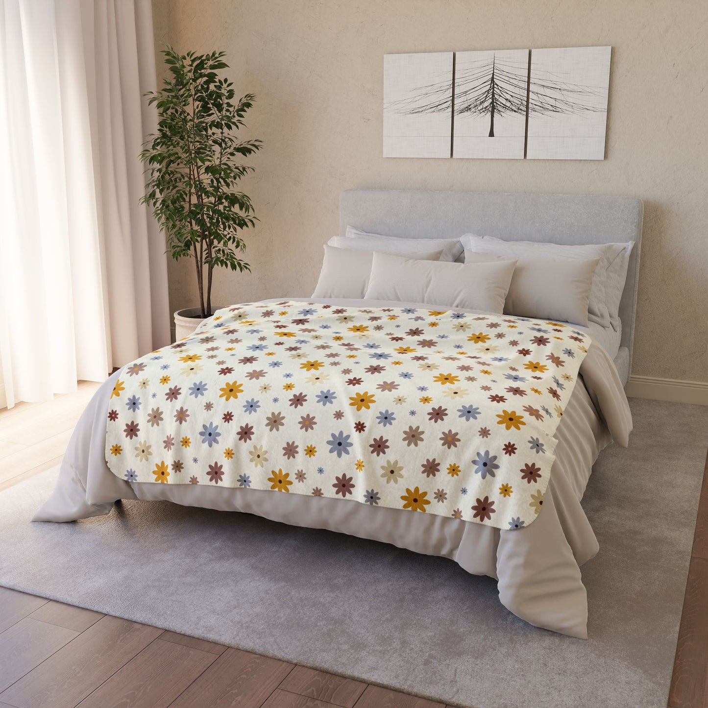 50" × 60" Beige Cream Daisies Fleece Sherpa Blanket