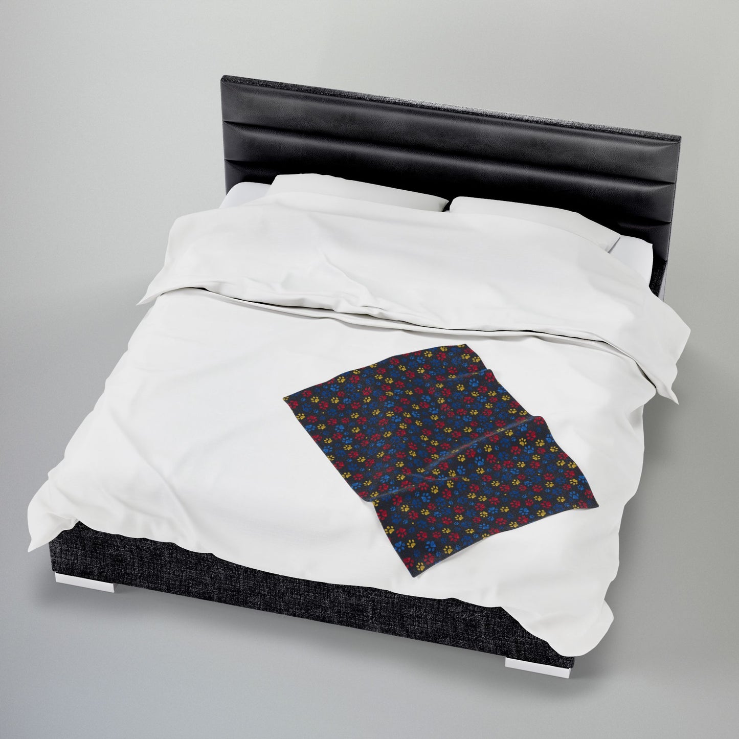 Blue, Red & Yellow Ohio Paw Prints Black Velveteen Plush Blanket