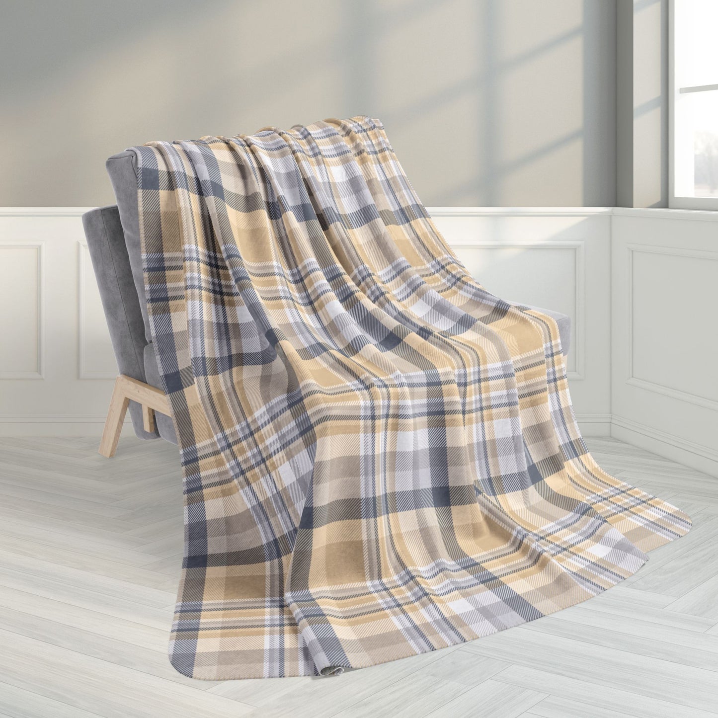 60" × 80" Winter Tan & Grey Plaid Fleece Sherpa Blanket