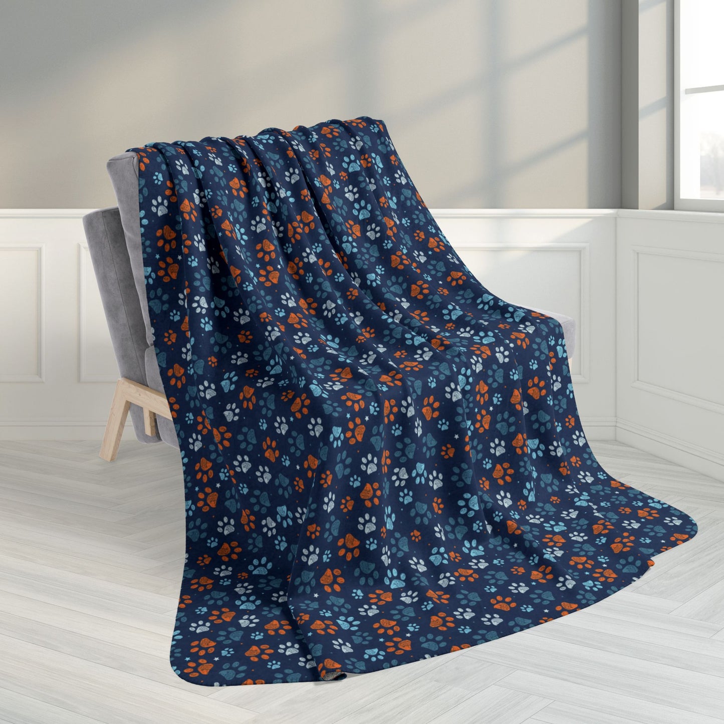 60" × 80" Light Blue & Orange Ohio Paw Prints Blue Fleece Sherpa Blanket