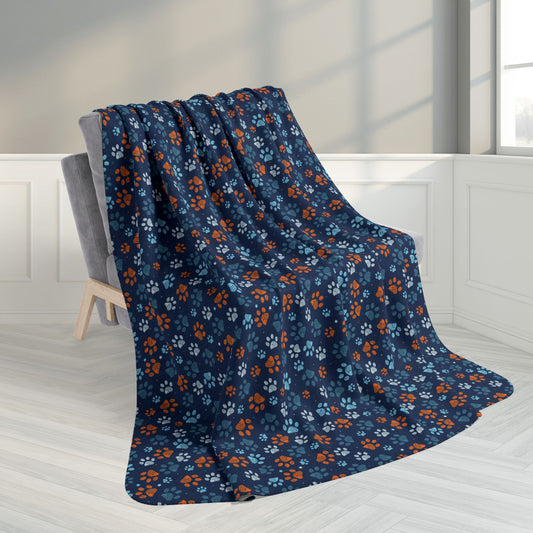 60" × 80" Light Blue & Orange Ohio Paw Prints Blue Fleece Sherpa Blanket