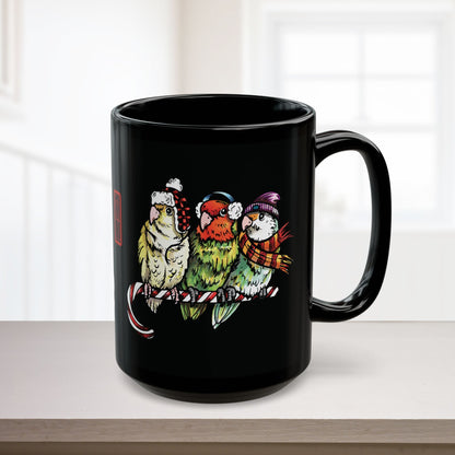 3 Lovebirds With Winter Wear & Perched on a Candy Cane, 11oz or 15oz Mug