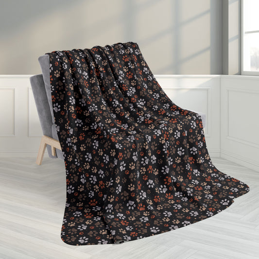 60" × 80" Brown Paw Prints Black Fleece Sherpa Blanket