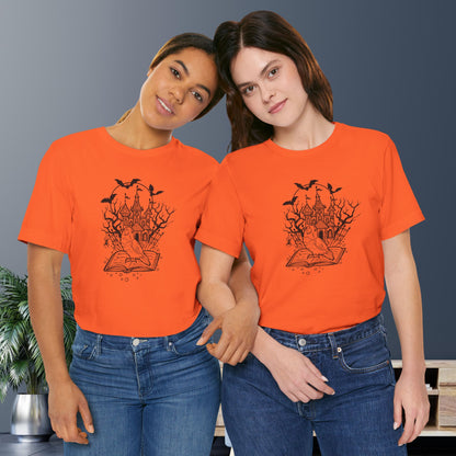 Lovebird on a Spell Book by a Haunted House, Line Art Tee