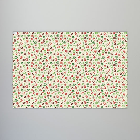 29'' x 20" Matte Christmas Green, Red & Cream Paw Print Gift Wrapping Paper Roll