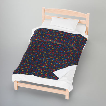 Blue, Red & Yellow Ohio Paw Prints Black Velveteen Plush Blanket