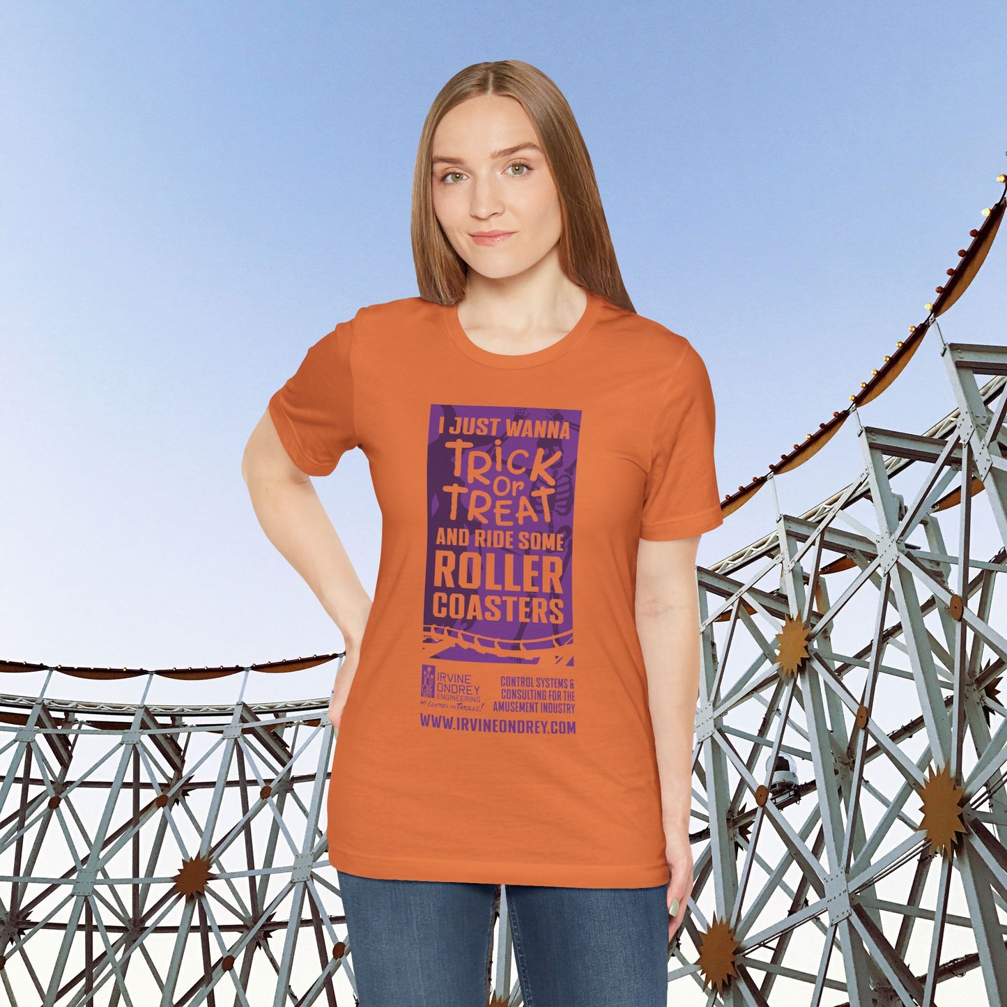 I Just Wanna Trick-or-Treat & Roller Coasters Tee (FRONT graphic) • Irvine Ondrey Engineering