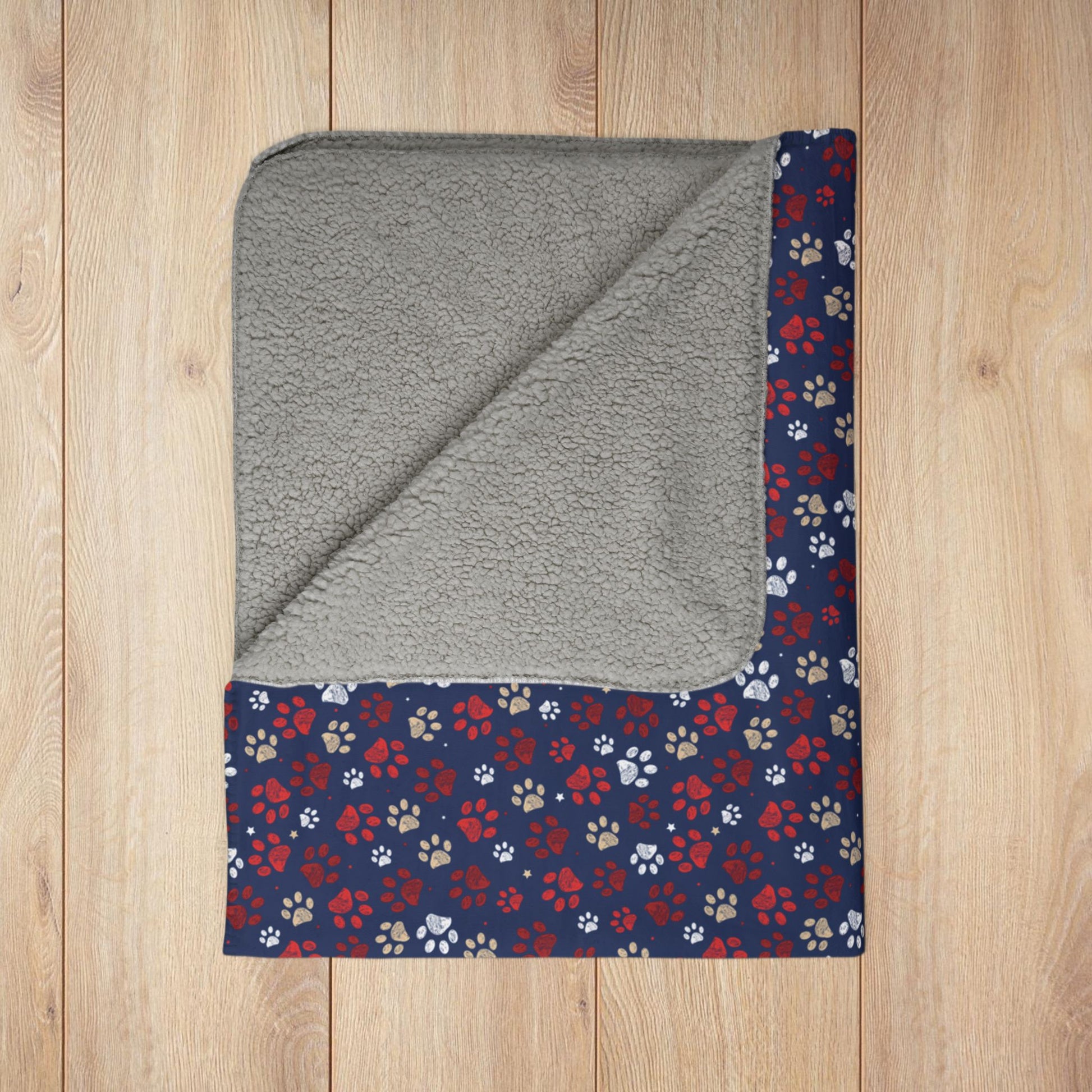 Red & White Ohio Paw Prints Blue Fleece Sherpa Blanket