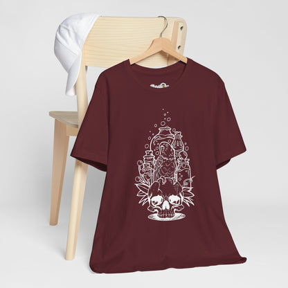 Crazy Scientist Lovebird Sitting on a Skull, Line Art Tee