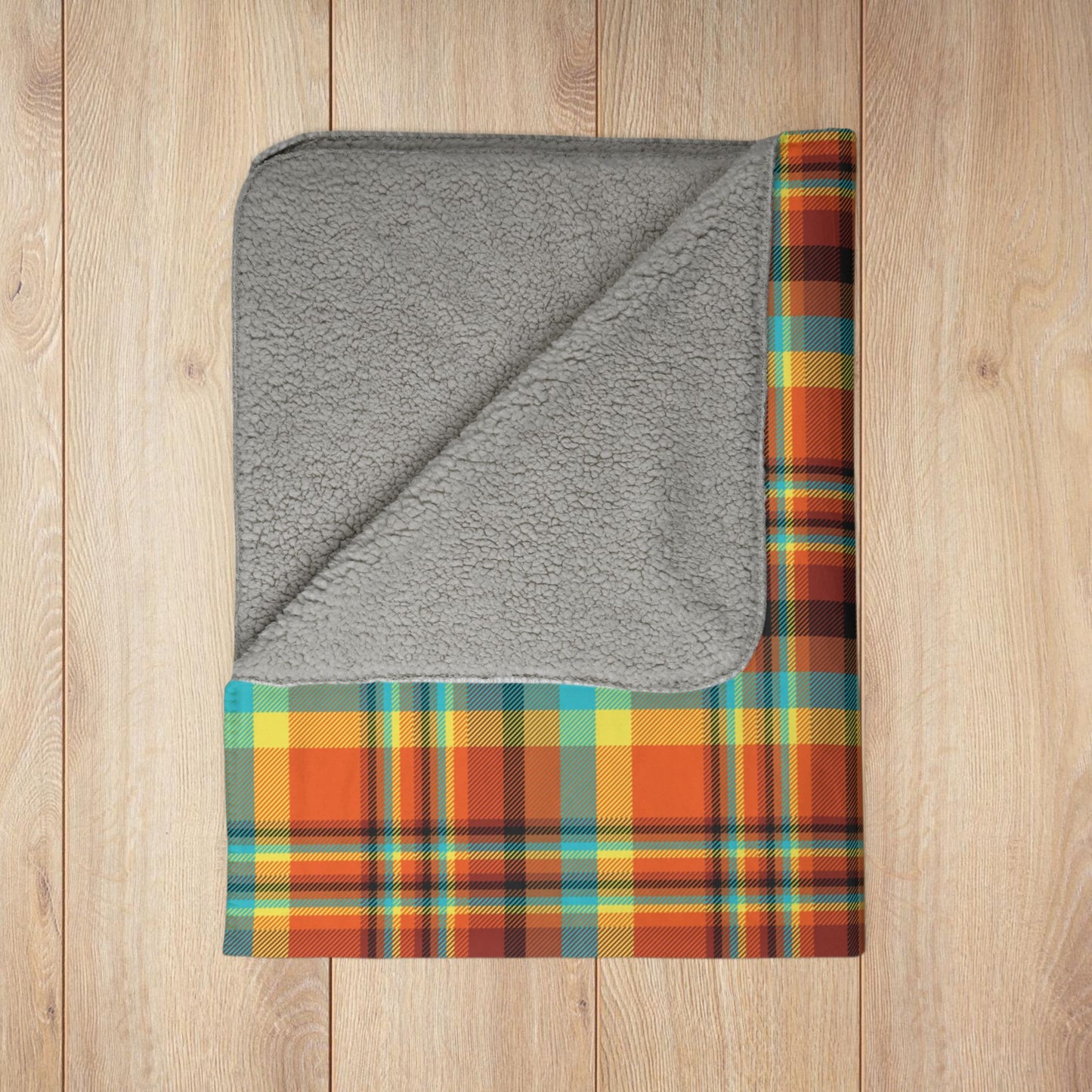 Orange, Teal & Yellow Santa Claus IN Plaid Fleece Sherpa Blanket