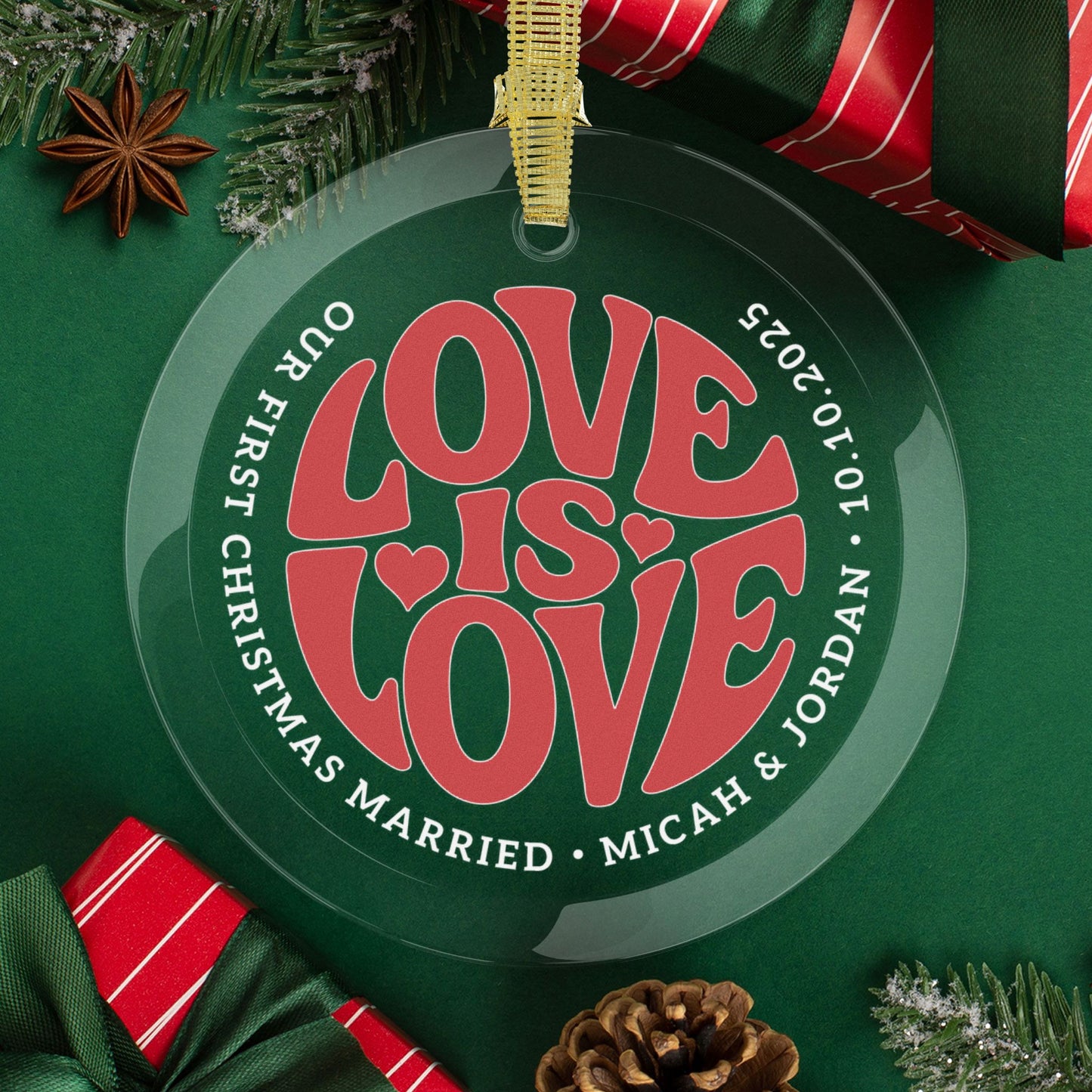 Round One Size Custom Glass Red Love is Love 3.5" Circle Ornaments