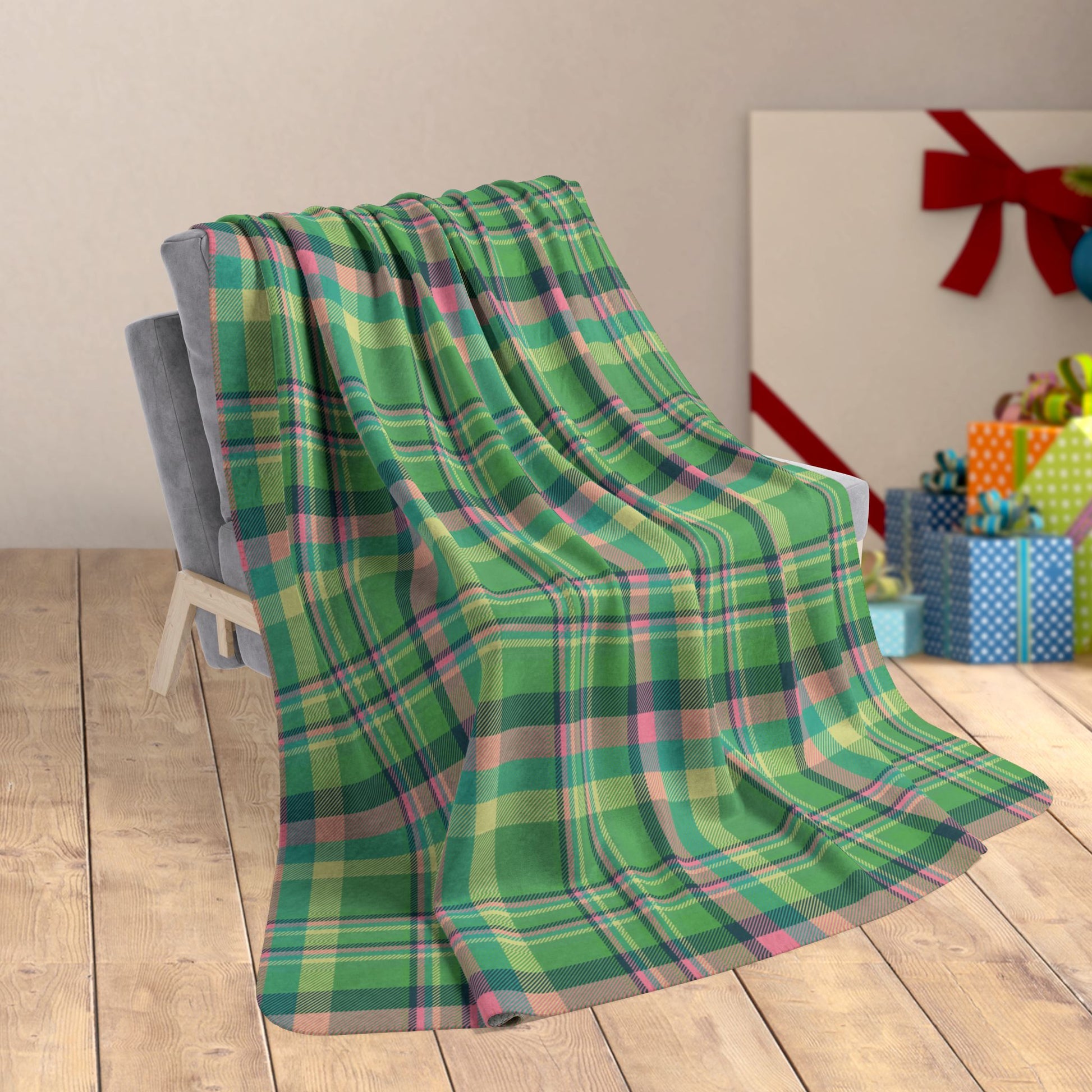 60" × 80" Christmas MCM Green Plaid Fleece Sherpa Blanket