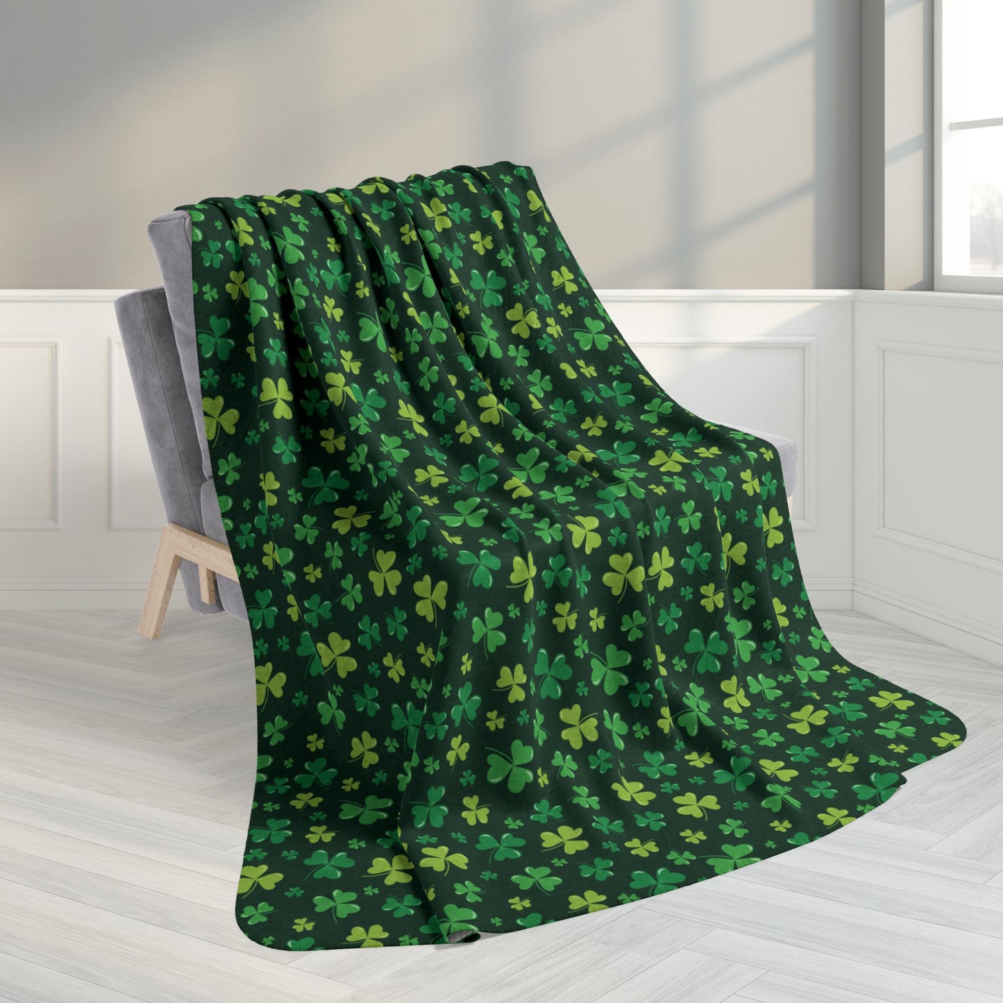 60" × 80" Grey St. Patrick's Day Shamrocks Fleece Sherpa Blanket