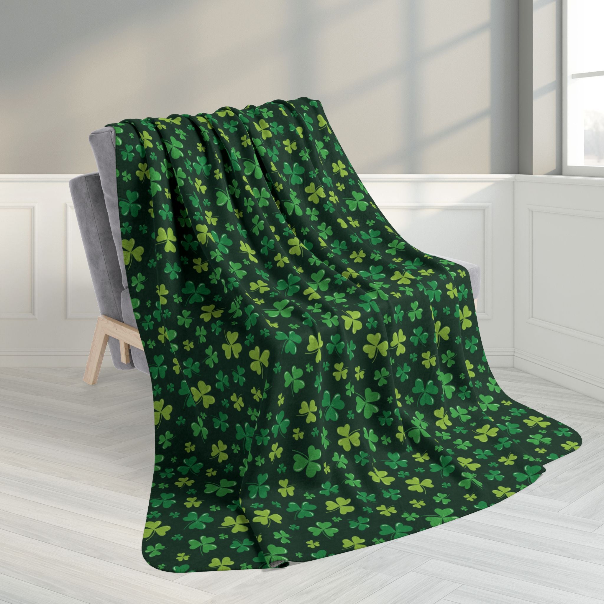 60" × 80" Grey St. Patrick's Day Shamrocks Fleece Sherpa Blanket