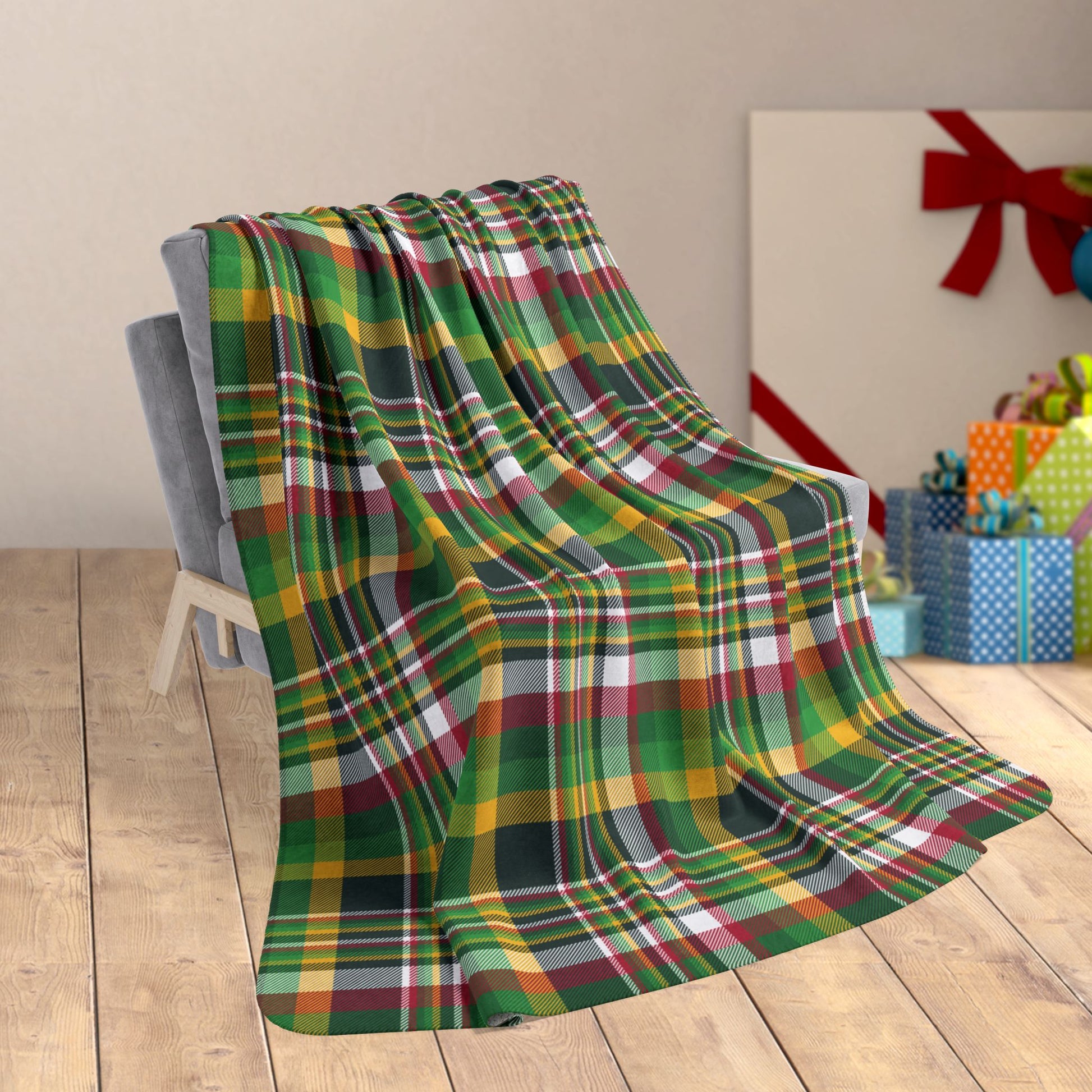 60" × 80" Christmas Green and Gold Green Bay WI Plaid Fleece Sherpa Blanket