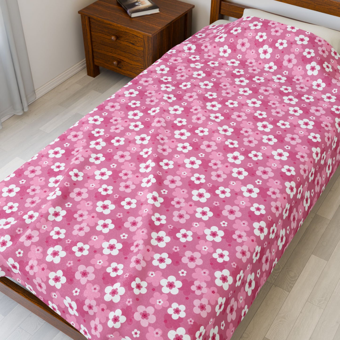 Pink Cherry Blossoms Velveteen Plush Blanket