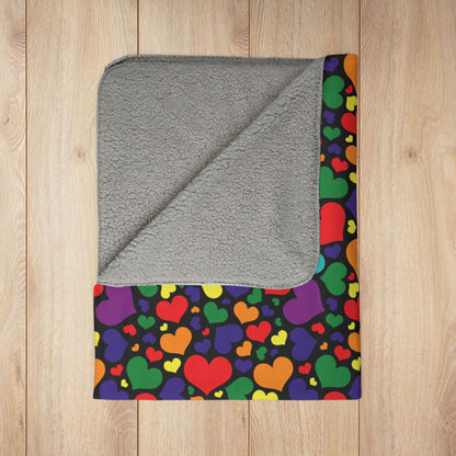 Rainbow 7-Color Pride Valentine’s Day Hearts Black Fleece Sherpa Blanket