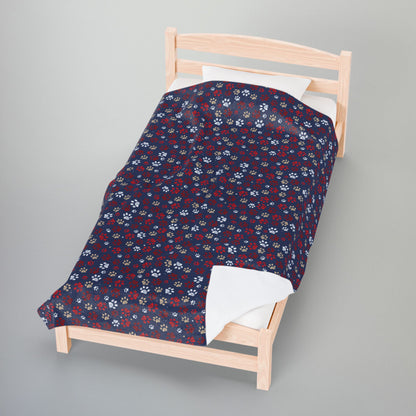Red & White Ohio Paw Prints Blue Velveteen Plush Blanket