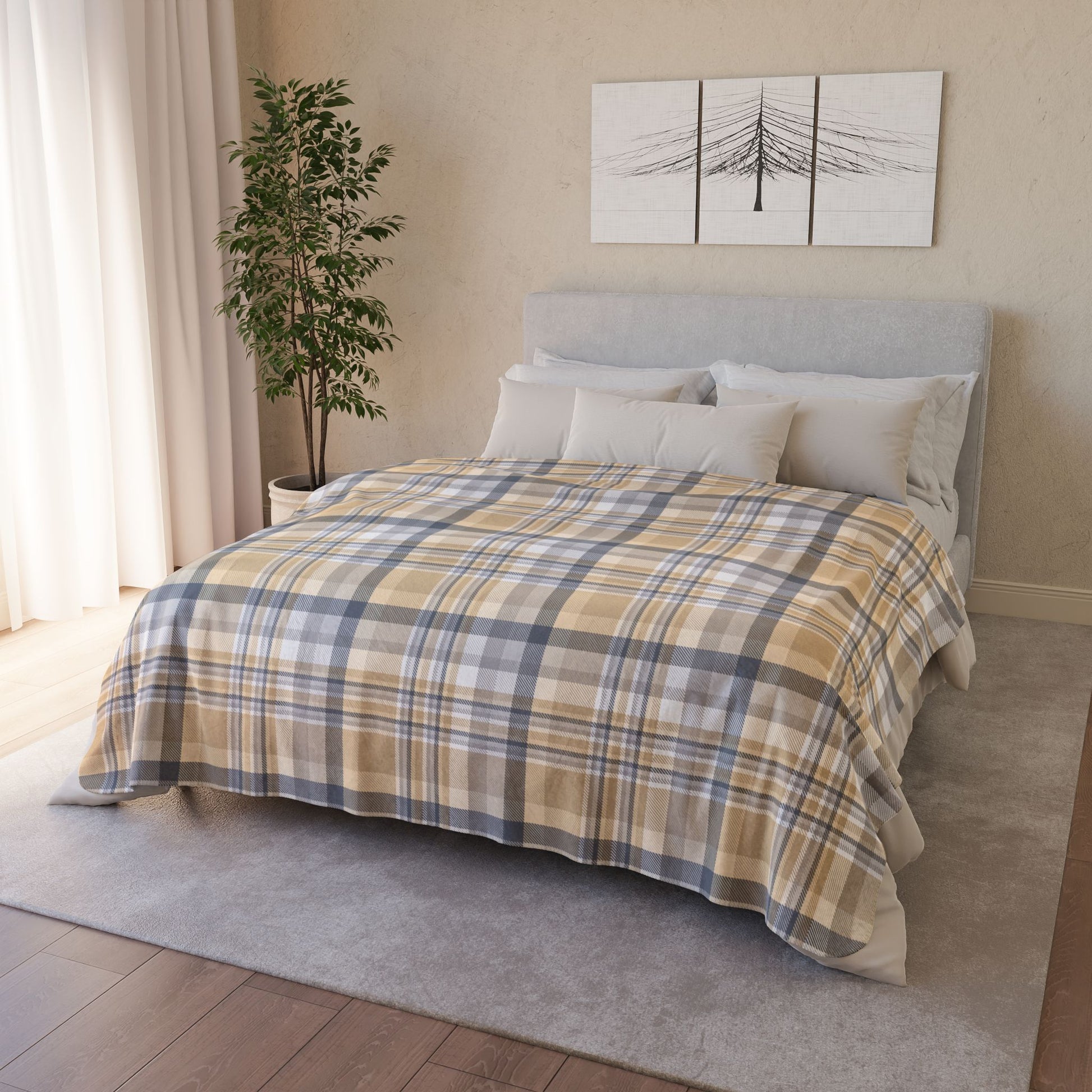 Winter Tan & Grey Plaid Fleece Sherpa Blanket