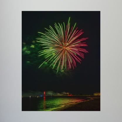 Green & Pink 4th of July Fireworks over Kenosha Pier Light Rolled Poster