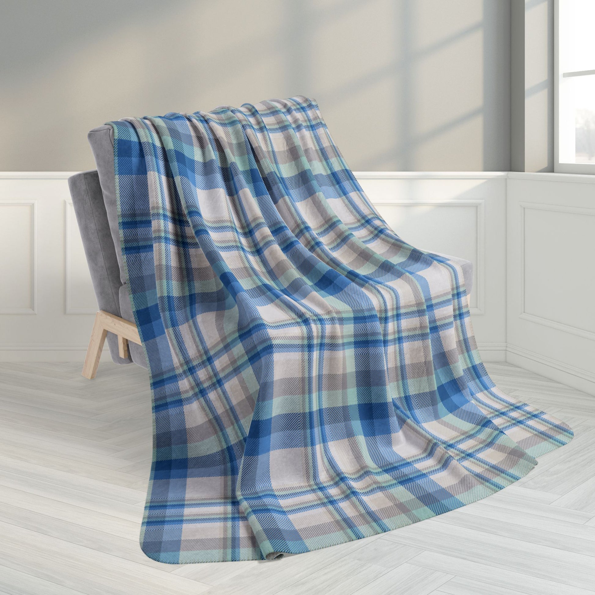 60" × 80" Winter Green & Blue Plaid Fleece Sherpa Blanket
