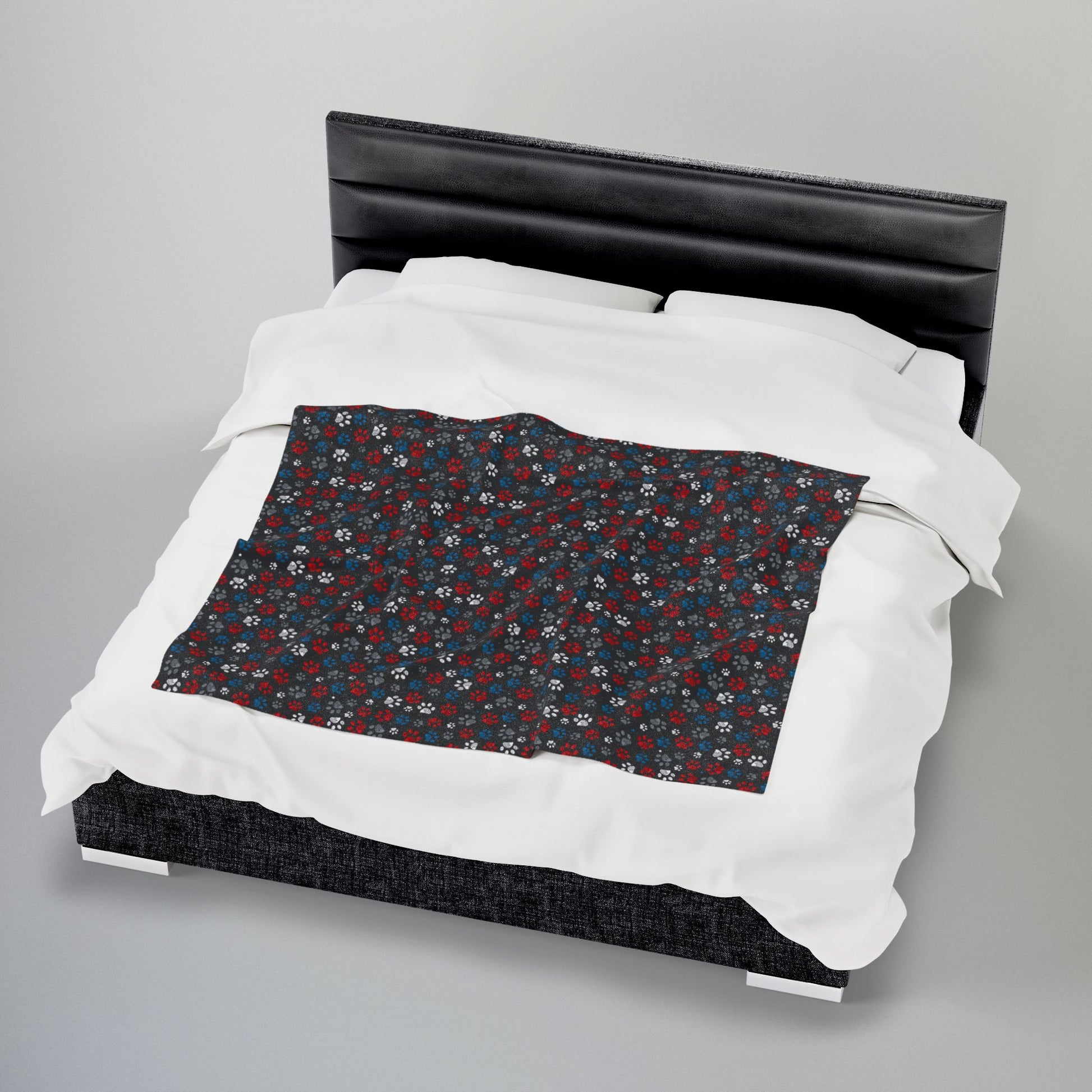 White, Red & Blue Ohio Paw Prints Black Velveteen Plush Blanket