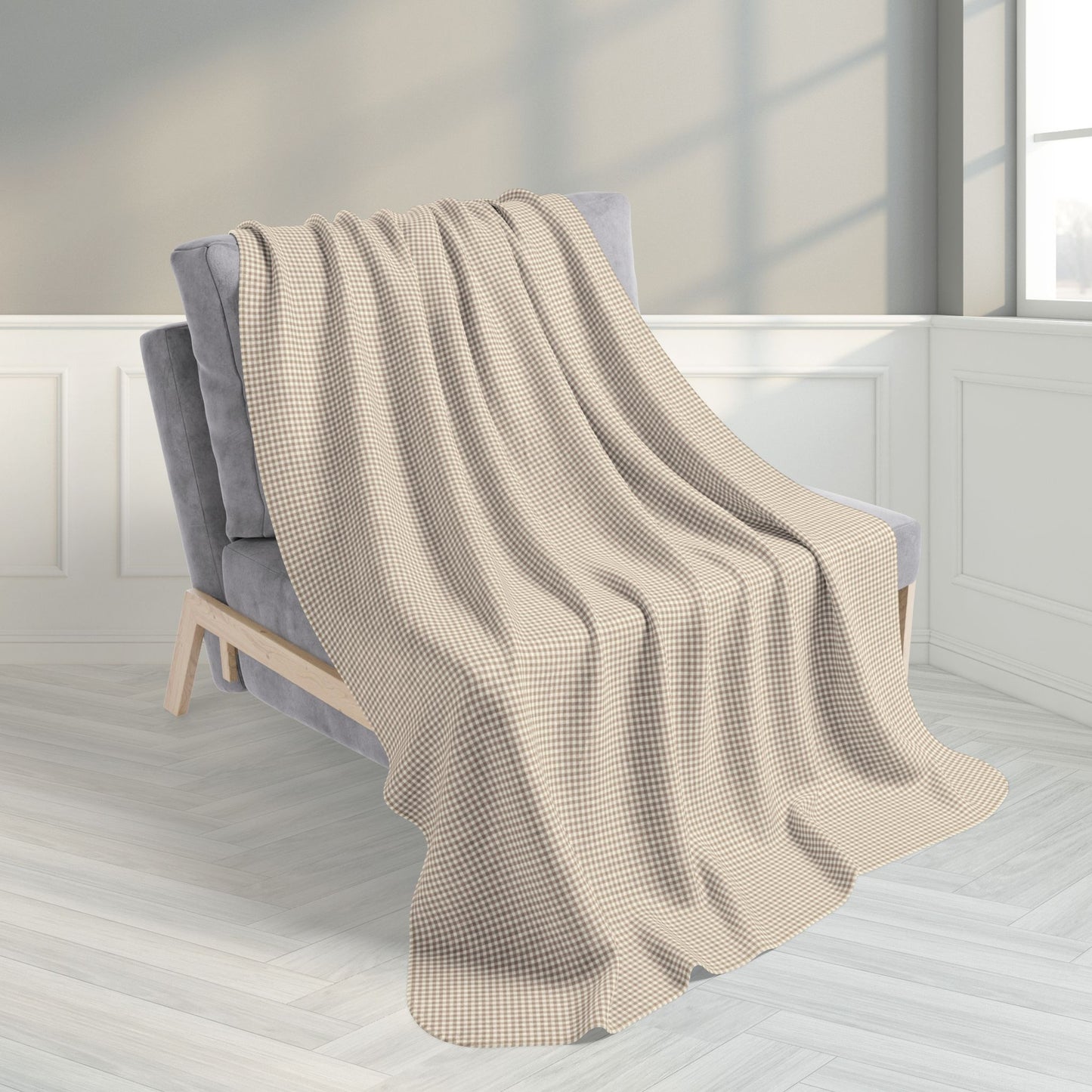 Khaki & Cream Gingham Fleece Sherpa Blanket