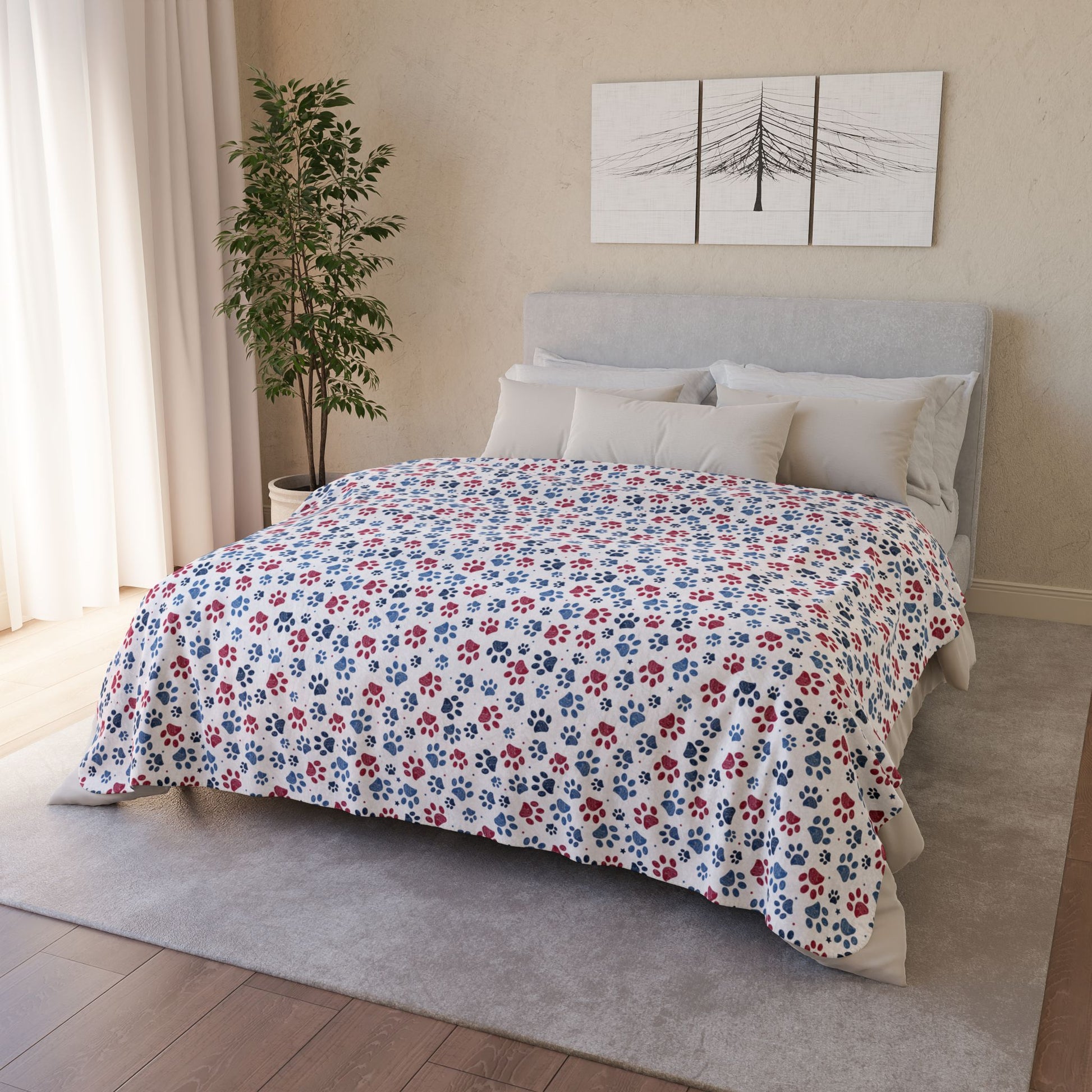 America U.S.A. Red, White & Blue Paw Prints Light Grey Fleece Sherpa Blanket
