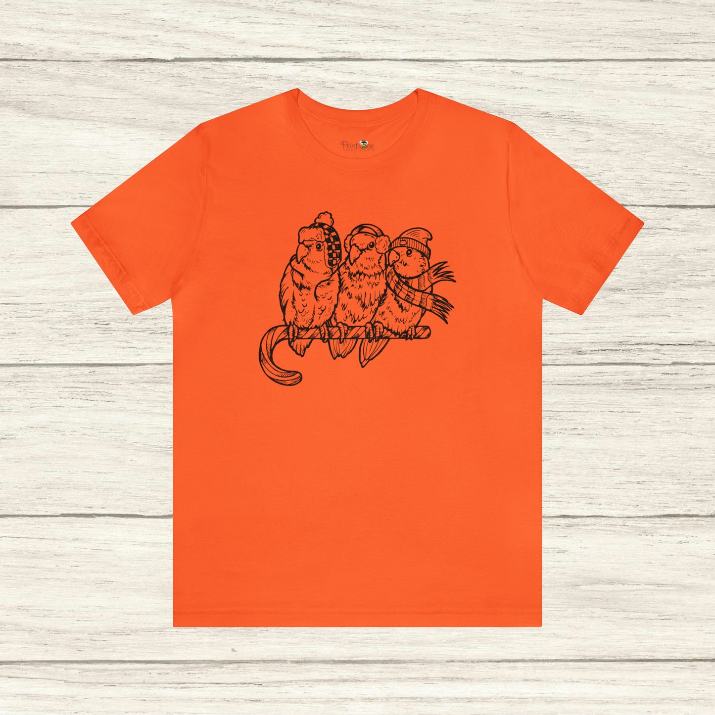 3 Lovebirds in Winter Wear & Perched on a Candy Cane, Line Art Tee