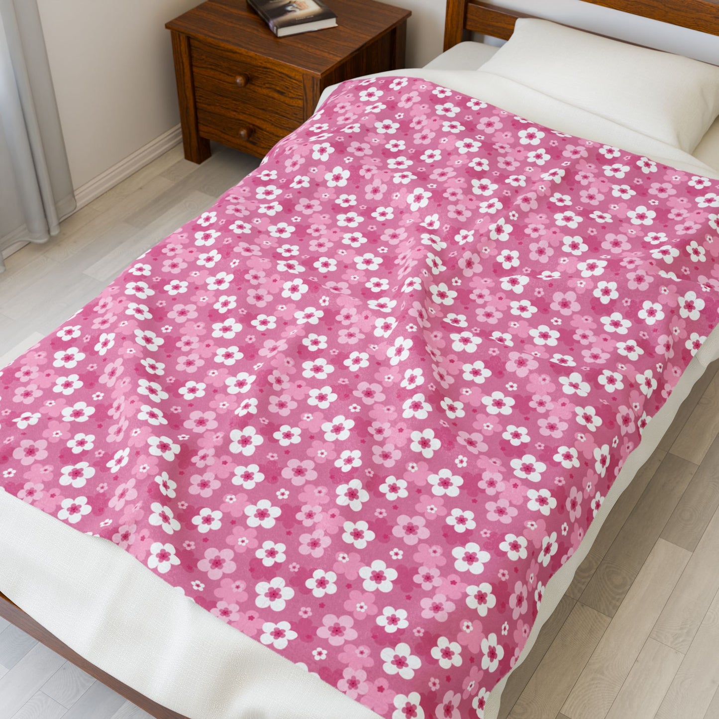 Pink Cherry Blossoms Velveteen Plush Blanket