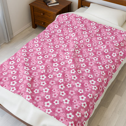 Pink Cherry Blossoms Velveteen Plush Blanket