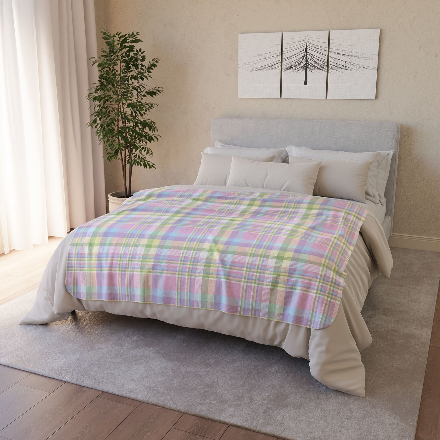 Easter Pastel Plaid Fleece Sherpa Blanket