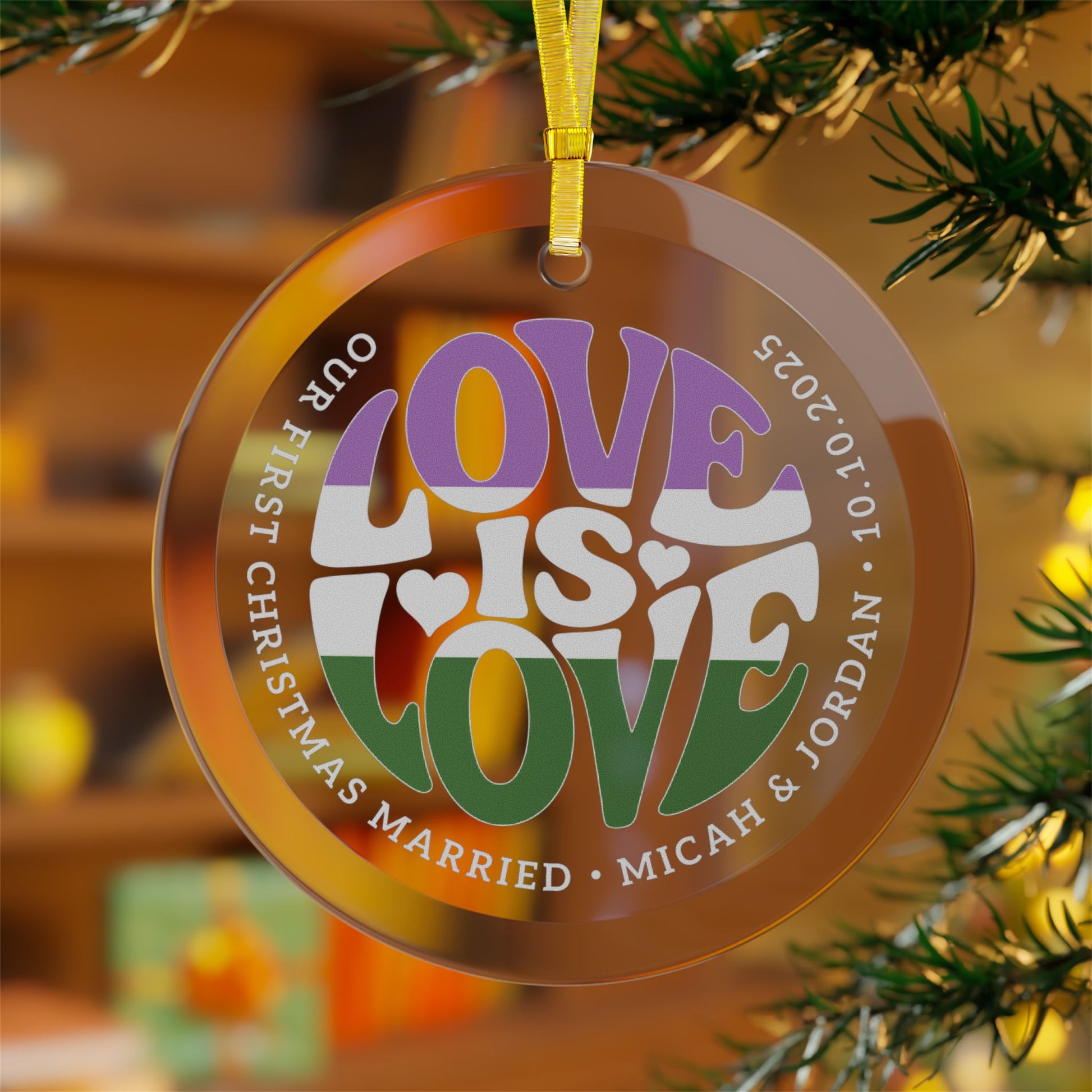 Custom Glass Love is Love Genderqueer Pride 3.5" Circle Ornaments