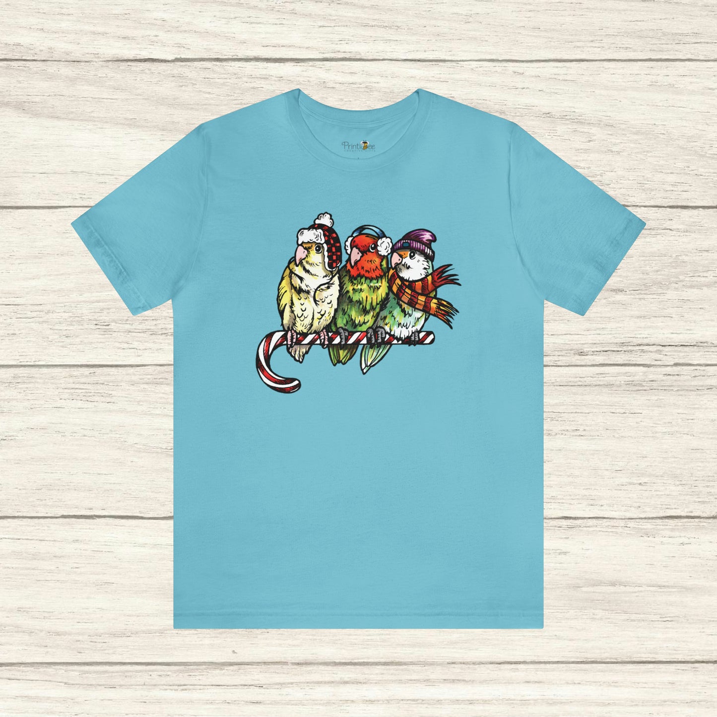 3 Lovebirds in Winter Wear & Perched on a Candy Cane, Tee