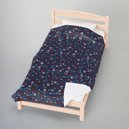 America U.S.A. Red, White & Blue Paw Prints Blue Velveteen Plush Blanket