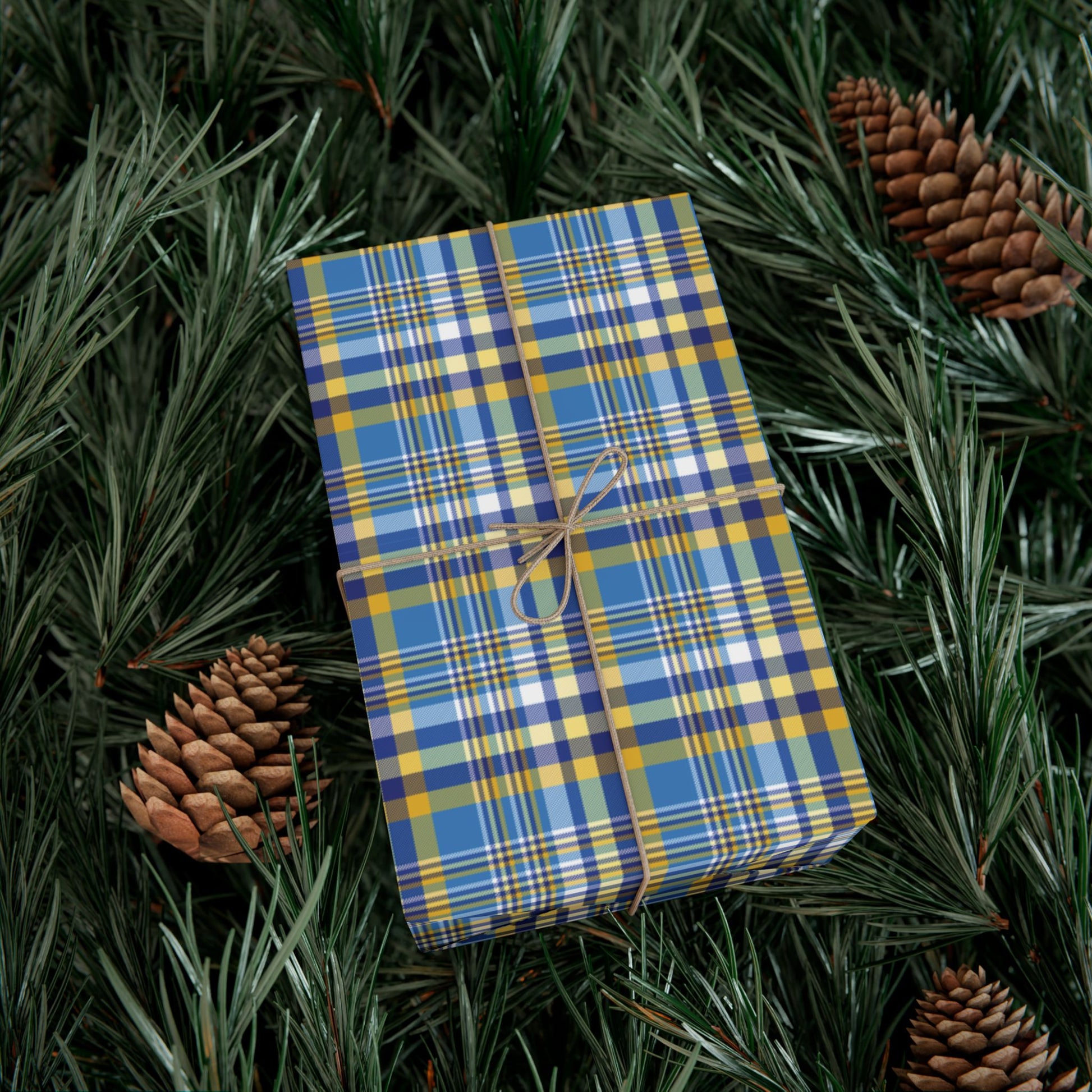 Hannukah Navy Blue, Light Blue, White & Gold Plaid Gift Wrapping Paper Roll