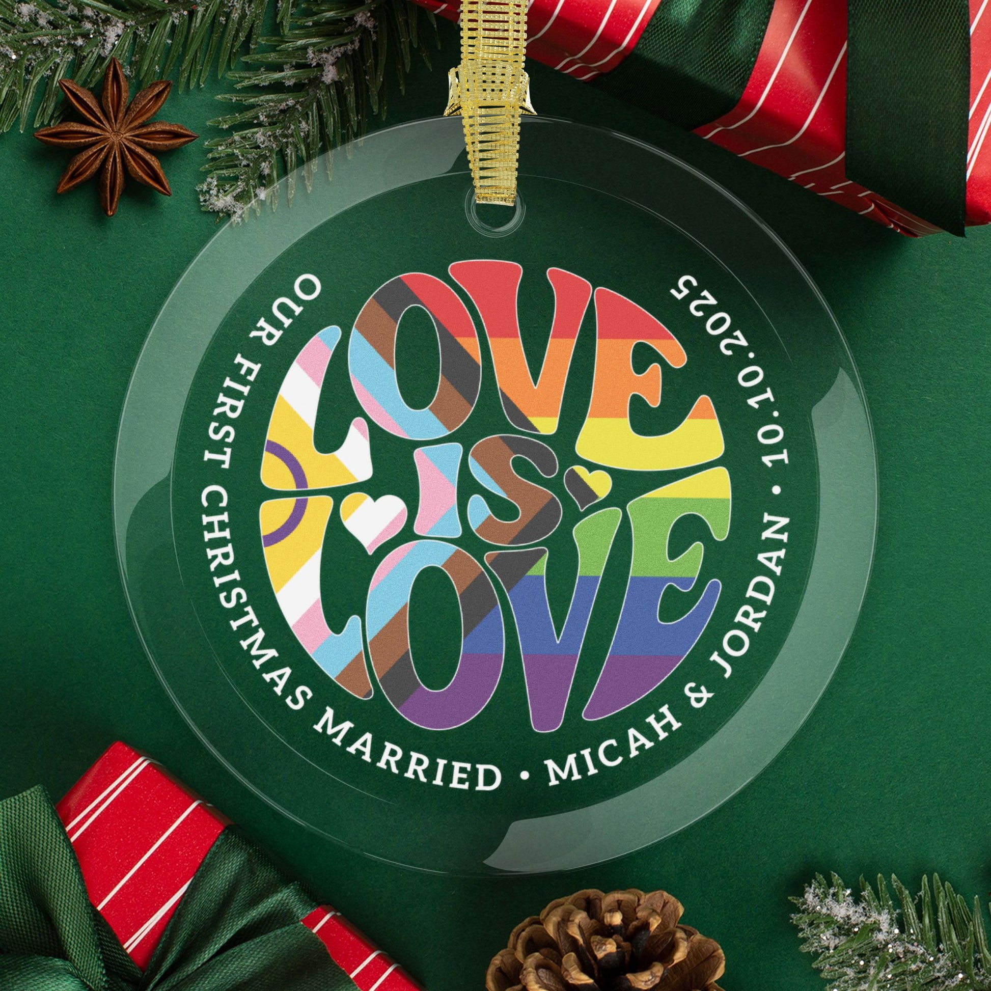 Round One Size Custom Glass Love is Love Intersex-Inclusive Progress Rainbow Pride 3.5" Circle Ornaments