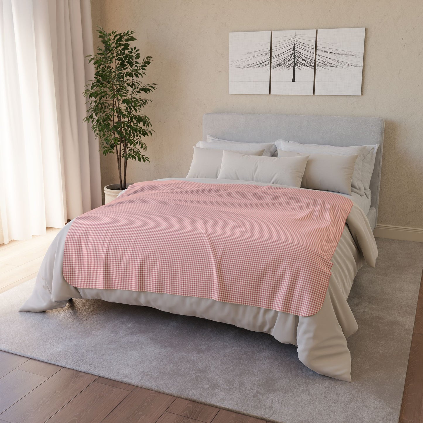 50" × 60" Grey Pink & Cream Gingham Fleece Sherpa Blanket
