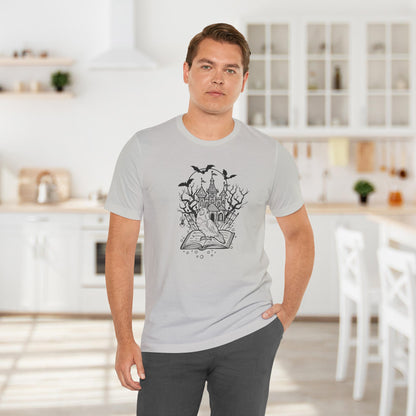 Lovebird on a Spell Book by a Haunted House, Line Art Tee