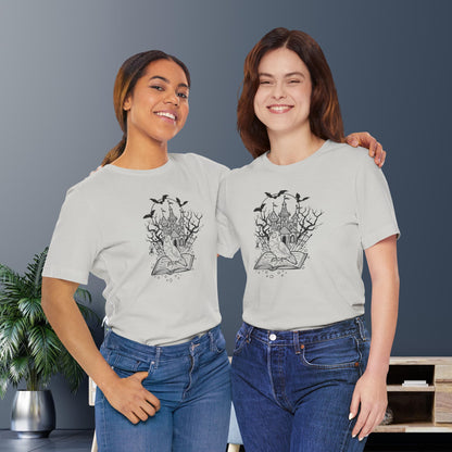 Lovebird on a Spell Book by a Haunted House, Line Art Tee