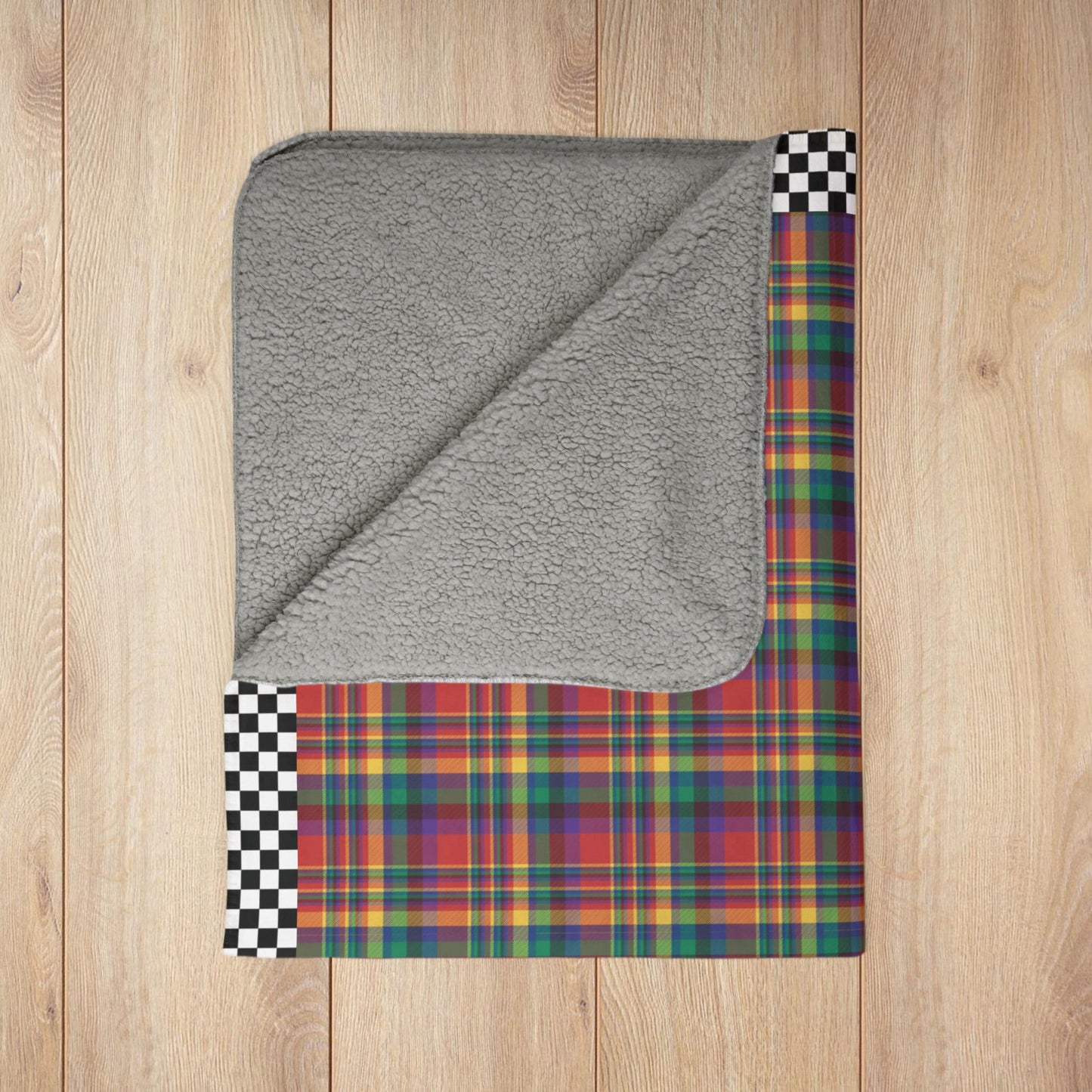 Red, Yellow, Green, Blue & Purple Ohio Plaid with Checkered Edge Fleece Sherpa Blanket