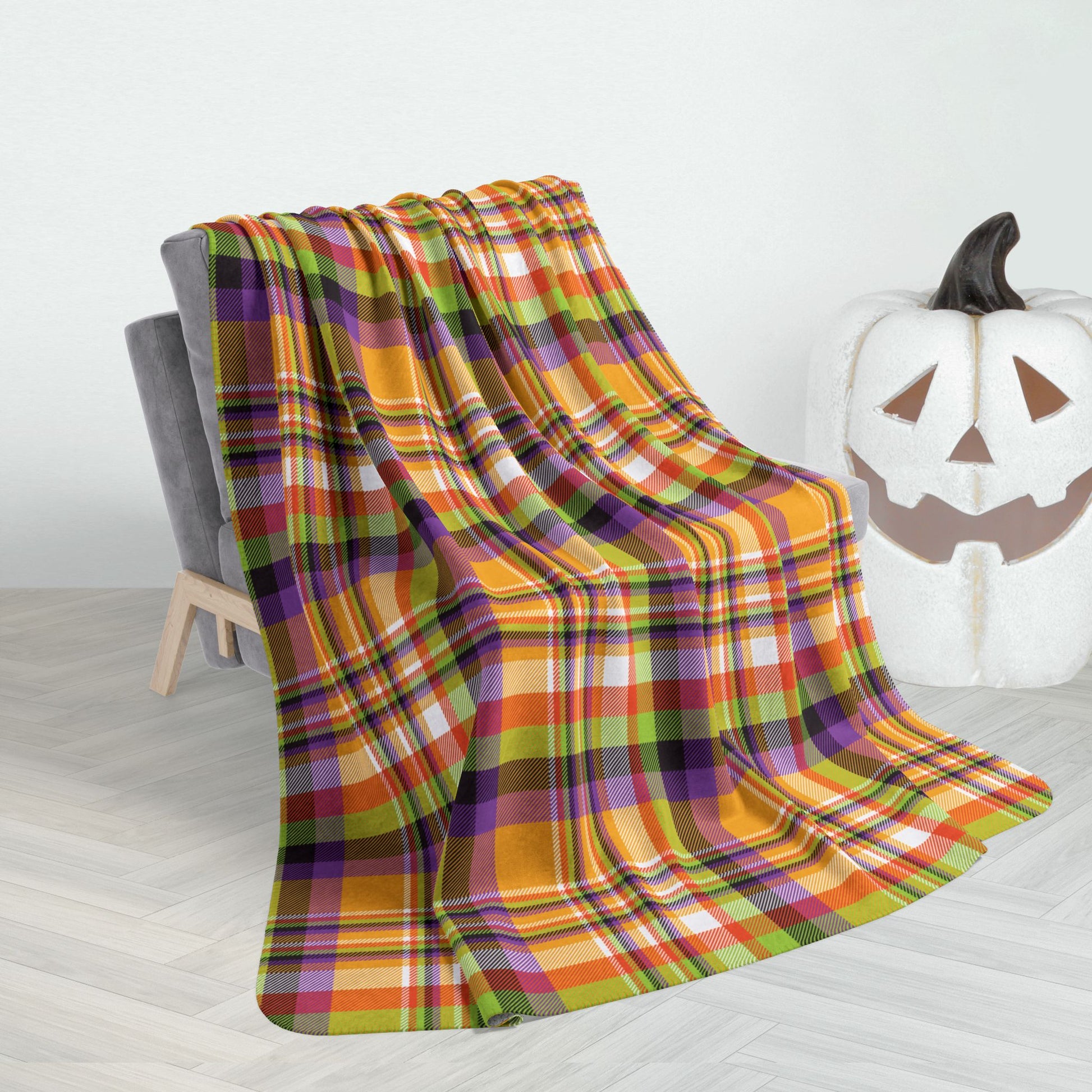 60" × 80" Halloween Colors Plaid Fleece Sherpa Blanket
