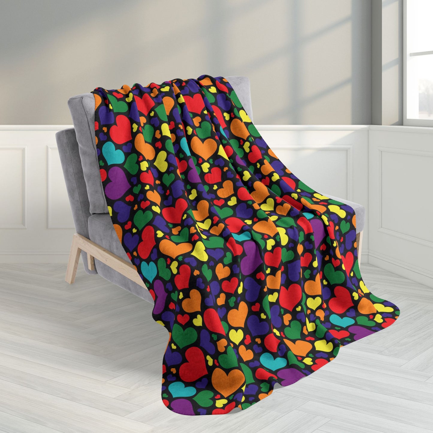 50" × 60" Rainbow 7-Color Pride Valentine’s Day Hearts Black Fleece Sherpa Blanket